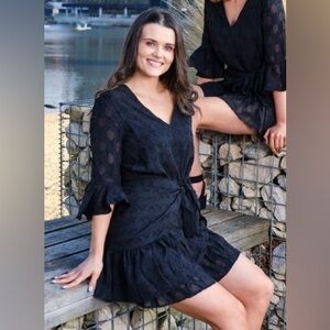 Religion Clothing Black Flutter Sleeve V-Neck Faux Wrap Mini Dress NWT Size L